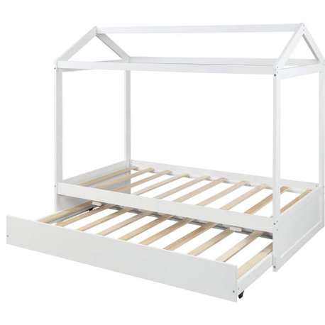 Fun Twin House Bed Frame With Trundle, Pine Wood, No Box Spring Needed