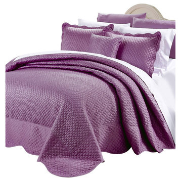 Matte Satin Quilted 4 Piece Bedspread Set, Purple, King
