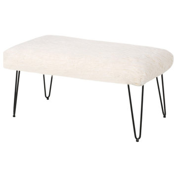 Louise Faux Fur Bench With Hairpin Legs, White, Black Finish