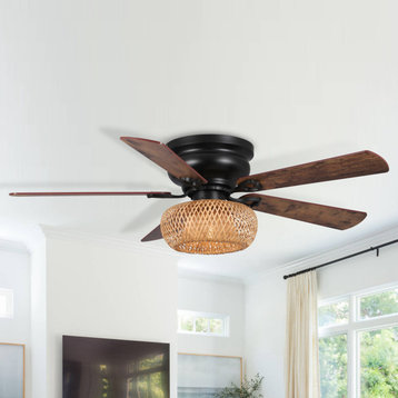 48in Indoor Black Flush Mount Farmhouse Bamboo Woven Ceiling Fan with Remote Kit