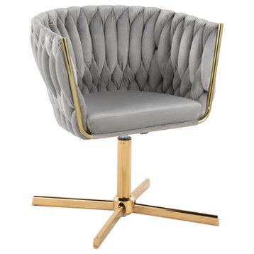 Braided Renee Swivel Accent Chair, Gold Metal, Silver Velvet