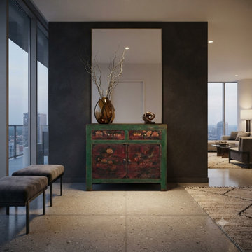 Vintage Distressed Rich Green Red Floral Graphic Credenza Sideboard Cabinet ws50