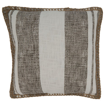 Poly Filled Throw Pillow With Striped Whipstitch Design, 18"x18", Grey