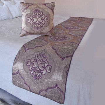 Decorative Purple Jacquard Twin 53"x18" Bed Runner, Damask Embre Purple
