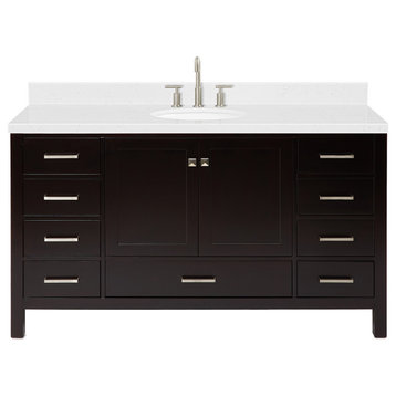 Ariel Cambridge 60" Single Sink Vanity, Carrara Quartz, Espresso, Oval