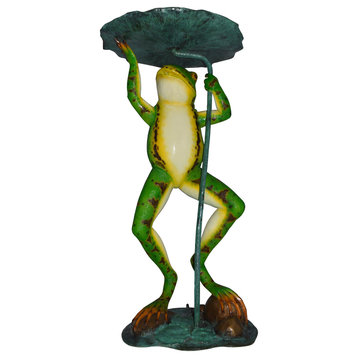 Frog with Umbrella Colored Fountain Bronze Statue -  Size: 22"L x 22"W x 43"H.