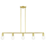 Livex Lighting - Lansdale 5 Light Satin Brass Large Linear Chandelier - Simplicity and attention to detail are the key elements of the Lansdale collection.  The dimensional form, exposed bulbs and combination of finishes adds a playful mood to a contemporary or urban interior. This five light linear chandelier design gives a new face to any interior.  It is shown in a satin brass finish.