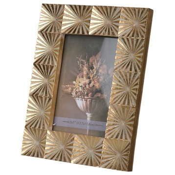 Rectangular Shaped Polyresin Photo Frame With Mirror & Pyramid Like Design, Gold