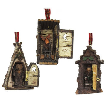 Kurt Adler Hinged Rustic Woodland Cottage Outhouses Ornaments Set of 3