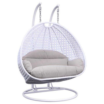 LeisureMod Wicker Hanging 2 person Egg Swing Chair, White / Beige