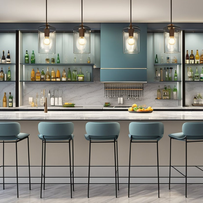 A kitchen with five chairs