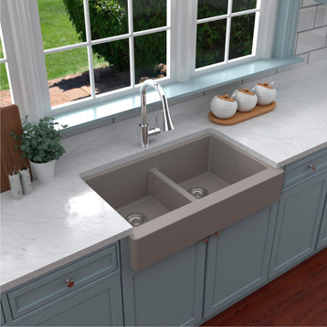 Karran Retrofit Farmhouse Quartz 34" Double Bowl Sink, Concrete