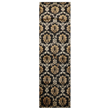 3'11''x11'9'' Hand Knotted Wool and Silk Damask Oriental Area Rug Black Color