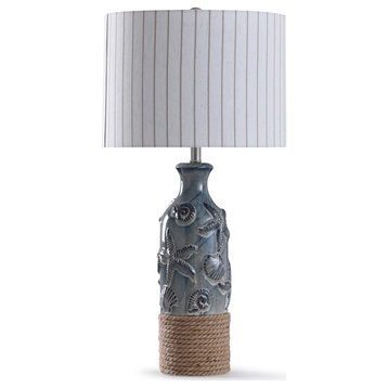 Bampton Embossed Shell and Starfish Table Lamp With Rope Detail and Drum Shade