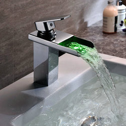 Contemporary Solid Brass Single Handle LED Waterfall Bathroom Sink Tap Chrome Fi - Bathroom Sink Faucets