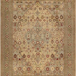 Bareens Designer Rugs - Tabriz Pak Persian Carmel Gold/Green Wool Rug - 9'3'' x 12'1'' - Designed with mesmerizing intricacy and gorgeous color palette, this hand-knotted masterpiece demonstrates the beauty and electrifying thrill of Pak Persian art. These meticulously hand-knotted Pak-Persian rug is made with pure wool and features breathtaking traditional, transitional, and tribal designs in bold luxurious color pallets. Known for their intricate designs these rugs are a reproduction of Persian rugs, made in Pakistan with unique Mughal designs. Made by master weavers using the same Persian texture, design and dying technique, we wanted to produce the most significant manifestation of Persian art, life, and culture. This rug is most famous for its exceptional quality, incredible designs, patterns, and vibrant rich color. Pak-Persian rugs made with Persian weave with high knot counts, which enables the high intricacy and detail found in the patterns are also referred to as "State of art", each color adds a rich beautiful detail in the artwork of this rug. The design, color, and beautiful chromatic composition with a vibrant sheen with intricate designs, exude beauty, elegance, and quality make this rug a masterpiece of its own.