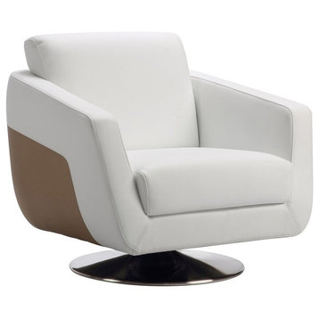 Modern Armondo Swivel Armchair White Microfiber Leather and Camel Accent