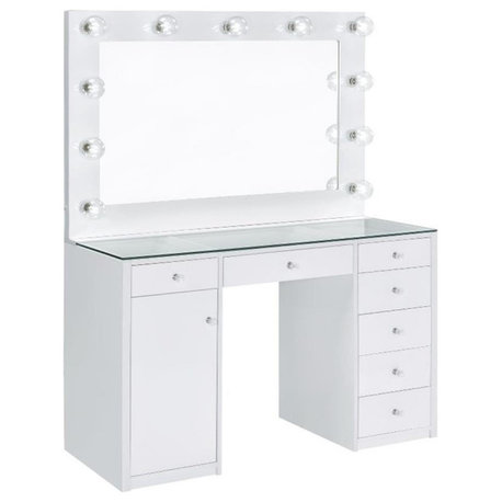 Coaster Percy 7-Drawer Wood & Glass Vanity Desk with LED Lighting in White