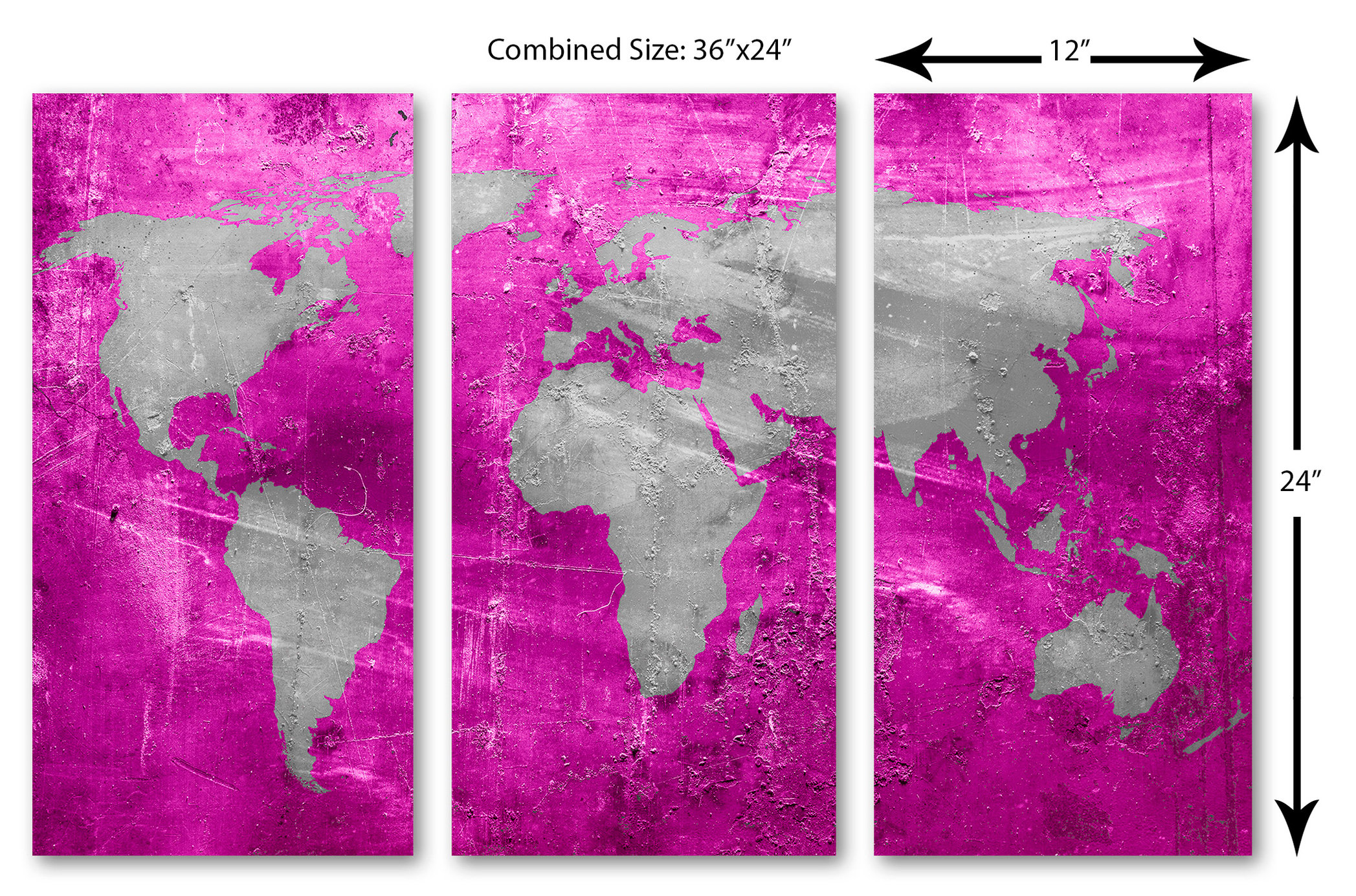 Pink Purple And Silver World Map Canvas Print, 3 Panel Split, Triptych ...