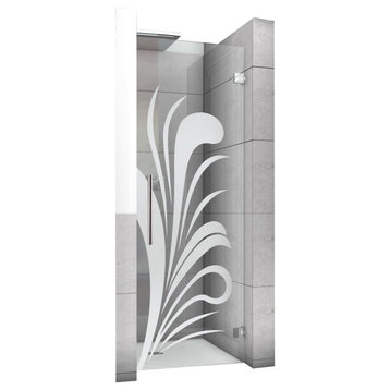 Hinged Alcove Shower Door With Palm Leaf Design, Non-Private, 24"x75" Inches, Right