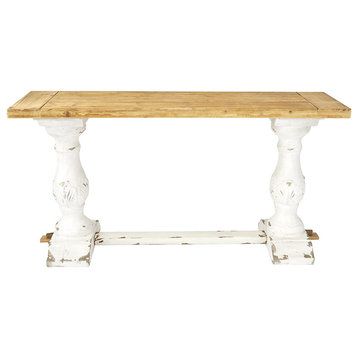 Narrow Console Table, Double Carved Column Base With Natural Brown Fir Wood Top