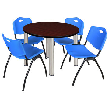 Kee 36" Round Breakroom Table- Mahogany/ Chrome & 4 'M' Stack Chairs- Blue