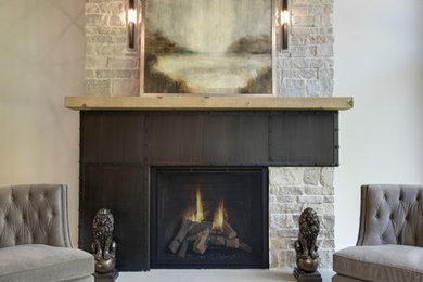 Example of a mid-sized trendy formal and open concept medium tone wood floor living room design in Minneapolis with a standard fireplace, a metal fireplace, white walls and no tv