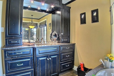 Bathroom - rustic bathroom idea in Toronto with raised-panel cabinets, distressed cabinets and quartz countertops