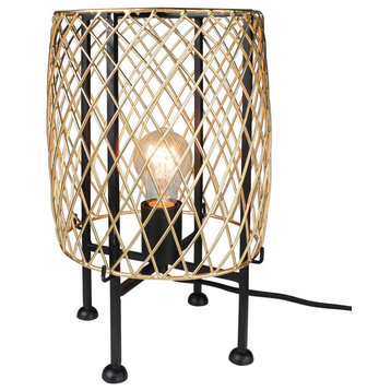 Industrial Glam Gold Cage Table Lamp 14 in Round Diamond Lattice Metal Shade