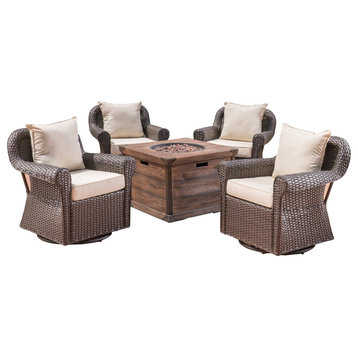 GDF Studio 5-Piece Parker Outdoor Wicker Swivel Club Chair and Fire Pit Set