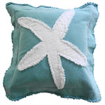 Sandy by the Sea Designs - Coastal Starfish Throw Pillow, White on Caribbean Blue - Classic Coastal Beach designs with a decorator's touch! Each Canvas Sea Pillow is handmade from 100% natural elements and finished with a casual frayed edge to enhance your Coastal Decor. Each Sea Life design is a frayed edge applique stitched on to create dimension. All Sea Pillows include a Feather/Down (90/10) removable insert. These fabulous Sea Pillows are machine wash and dry, creating a soft and luxurious feel with wear.