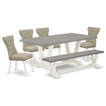 6-Piece Set, 4 Chairs, Wooden Legs Table and Dining Bench, Linen White