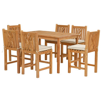 7 Piece Teak Chippendale 55" Rect Counter Set, 6 Armless Counter Stools