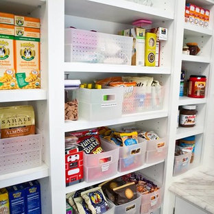 Modern kitchen pantry inspiration - Minimalist kitchen pantry photo in Denver with open cabinets and white cabinets