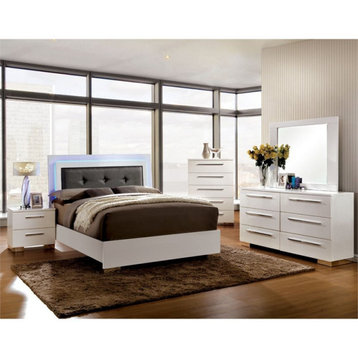 FOA Rayland 4pc Glossy White Wood Bedroom Set - King+Nightstand+Dresser+Mirror