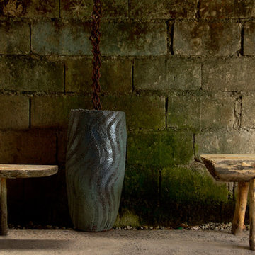 Chain downspout, custom vase & custom rustic benches