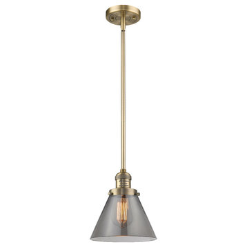 1-Light Large Cone 8" Pendant, Brushed Brass, Glass: Smoked