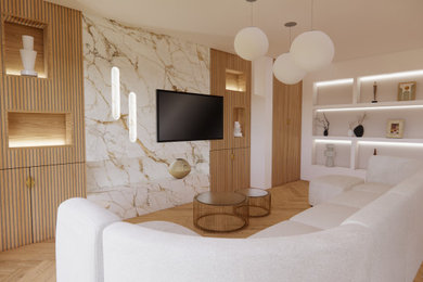 Idées déco pour un salon moderne de taille moyenne et ouvert avec un mur blanc, un sol en vinyl et un téléviseur fixé au mur.