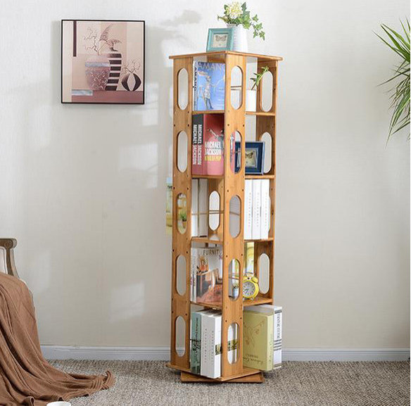 Bamboo Wood 5-Shelving Bookshelf, Revolving Bookcase Organizer Cabinet Rack, 57.