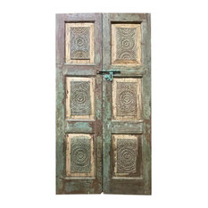 Consigned 2 Antique Door Panels, Green Barn Doors, Pair of Teak Door Panels