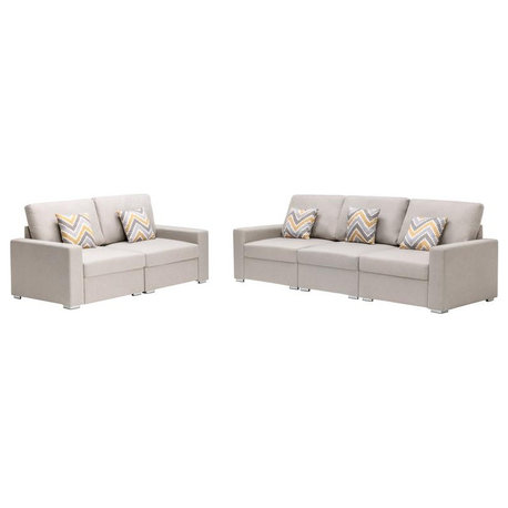 Nolan Beige Linen Fabric Sofa And Loveseat Living Room Set With Pillows And...
