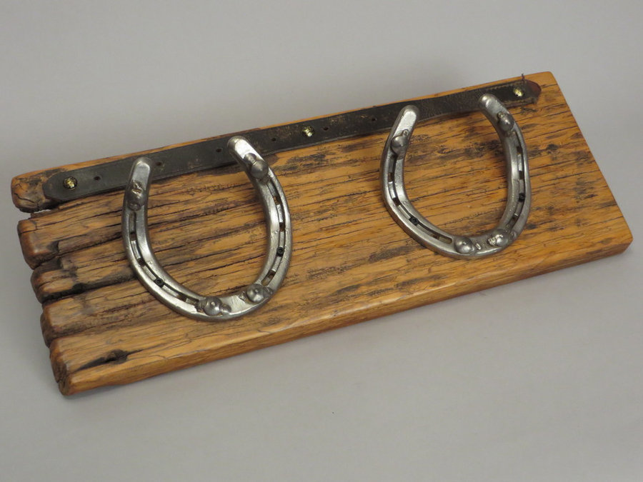 #R15054 Coat Rack Reclaimed Poplar, horseshoes, leather.