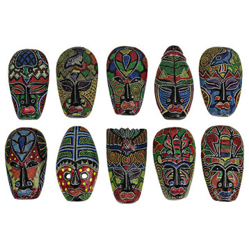 Set of 10 Hand Carved Tropical Dot Painted Tribal Masks 6 Inch Wall Decor