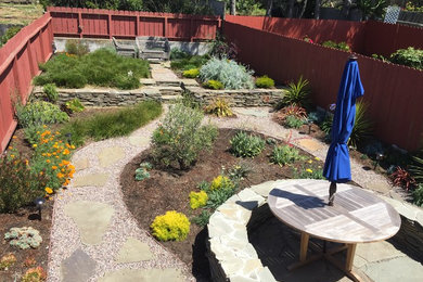 Photo of a mid-sized coastal drought-tolerant and full sun backyard stone retaining wall landscape in San Francisco.
