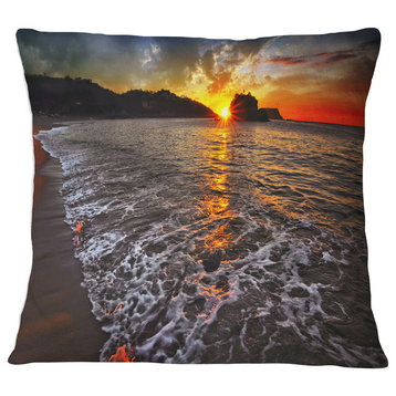 Setting Sun and White Waves Seashore Photo Throw Pillow, 16"x16"