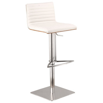 Elegant Bar Stool, Brushed Stainless Steel Base and Tufted PU Leather Seat, Whit