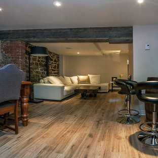 Foto de sótano en el subsuelo rural con paredes grises y suelo de linóleo