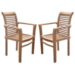 Teak Deals - Mas Stacking Arm Chairs, Teak Outdoor Dining Patio, Set of 2 - Our Teak Stacking Armchair is constructed with ample amounts of Grade A teak wood: The seat and back have numerous closely placed vertical slats that are gently arched for comfort. Wide arms accommodate for a variety of occupant body-types. The Teak Stackable Armchair will stack for ease of storage in limited spaces. Matches all standard height Teak Tables.