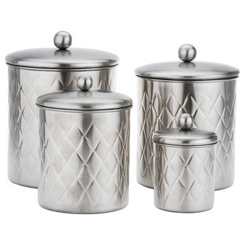 4 Piece Canister Set, Brushed Nickel, Embossed Diamond