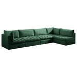 Meridian Furniture - Jacob Velvet Upholstered 5-Piece L-Shaped Modular Sectional, Green - Create the ideal seating arrangement for your space when you pick and choose the elements you like mostincluding this Jacob velvet modular sectional. Mix and match items in the Jacob collection to bring your living space or family room together with a personalized slant. Soft green velvet upholstery is soft and welcoming to the touch, adding a luxurious feel to everyday seating. Deep channel tufting adds to the piece's durability, and latches underneath the unit make it easy to attach to other pieces in the collection.